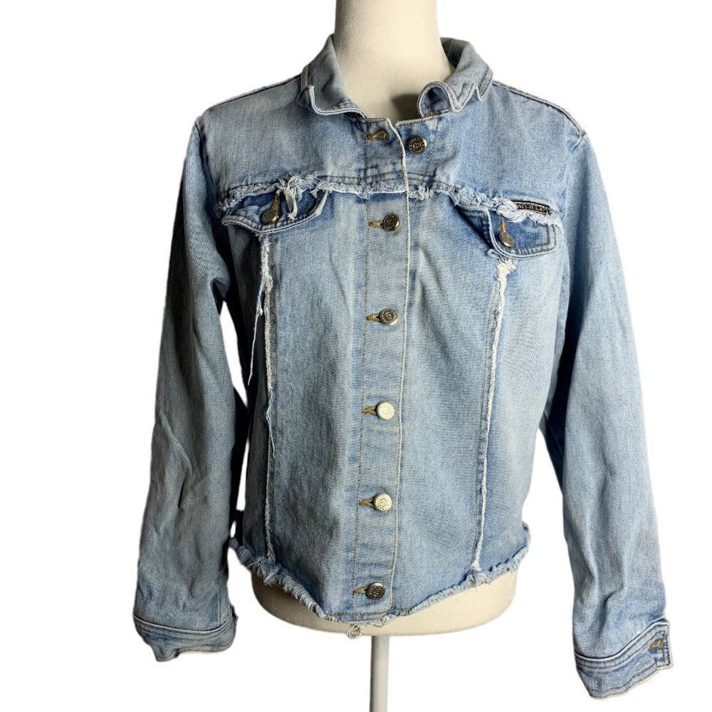 Vintage 90s Raw Hem Denim Jacket M Med Wash Button Up Faux Pockets Collared